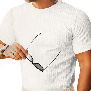 Beotyshow Men's Ribbed Crewneck Shirt, Creamy White, Large, EUC